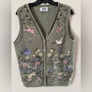 Vtg W Med Button Up SweaterVest Spring Floral Birds Butterflies Cottagecore
